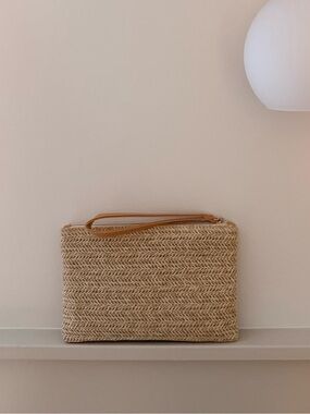 Woven Straw Wristlet Clutch in Natural Beige